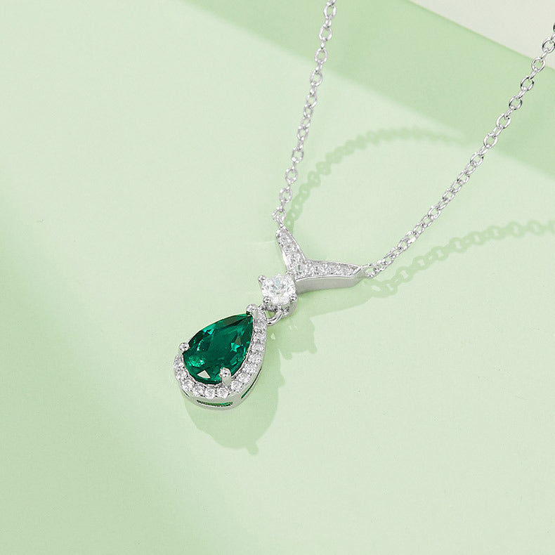 Emerald Teardrop Pendant Necklace — Sterling Silver · Pavé Bail · Adjustable Chain
