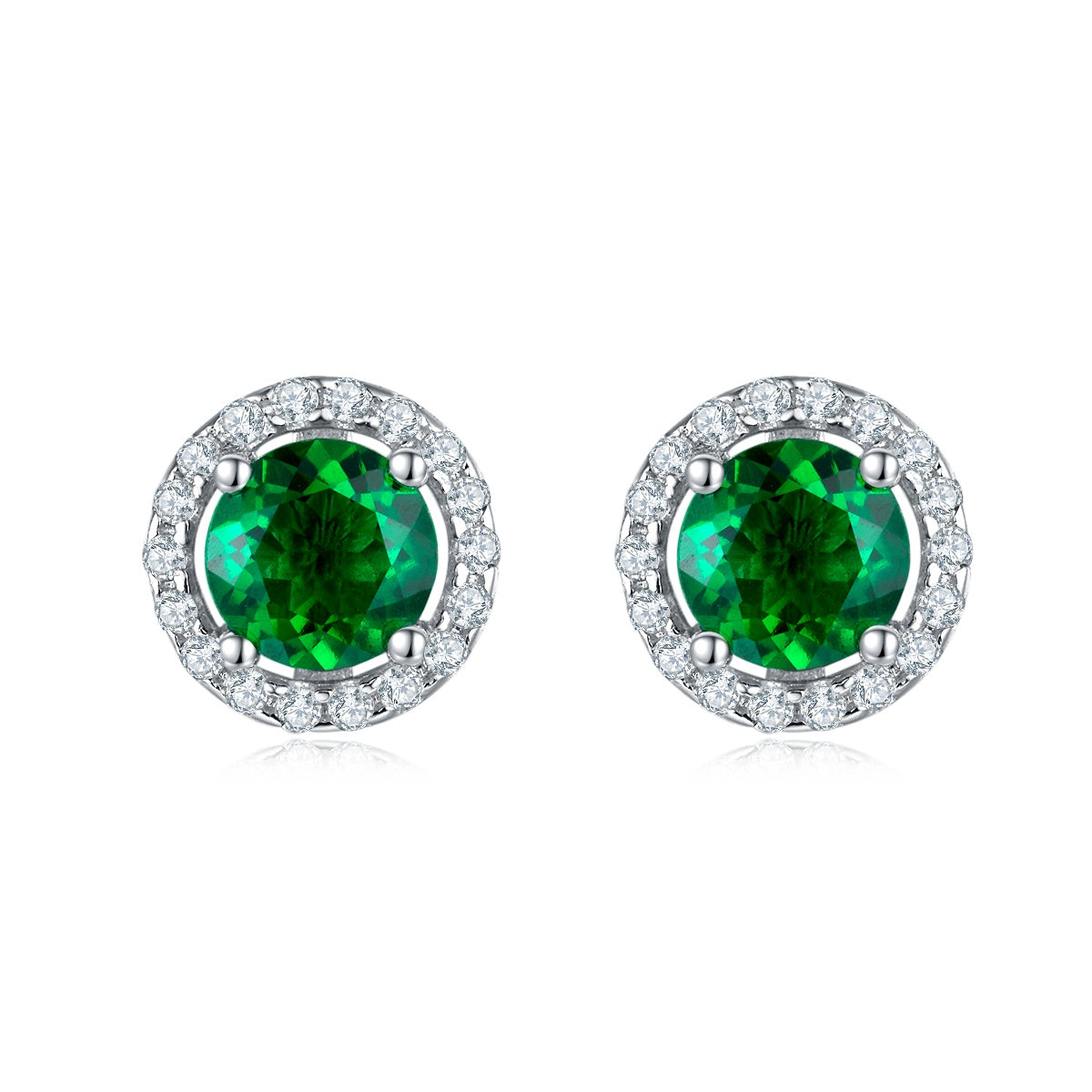 Emerald halo stud earrings in sterling silver