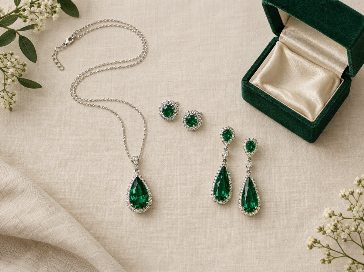 Flat lay of the complete emerald collection with its gift box